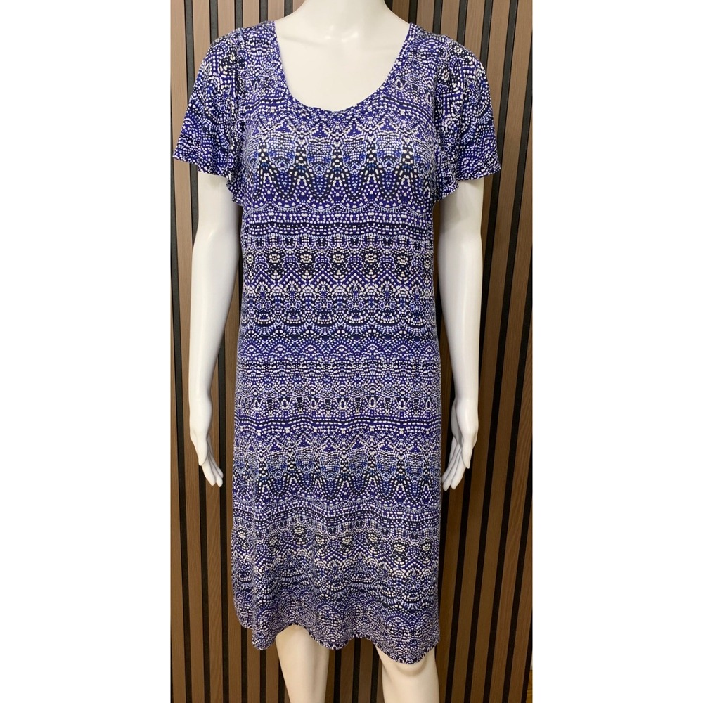 Tommy Bahama Women's Blue White Geometric Tile Print Short Sleeve Dress Medium